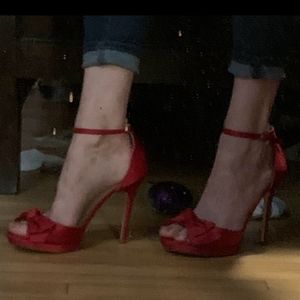 Red satin stiletto sandals